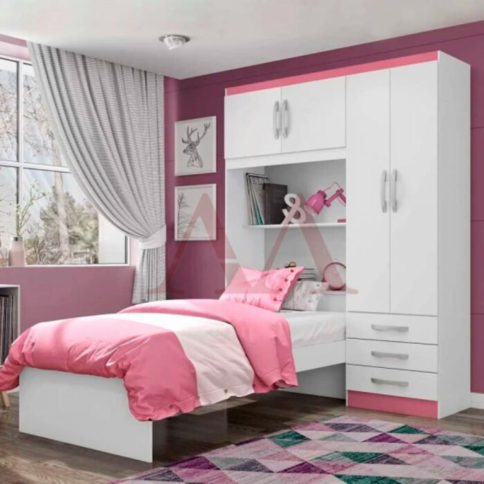Roupeiro 4p. Abrir 3g C/ Cama Mx Lisboa Branco / Pink